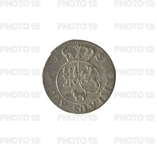 crown sixer, Stanislaw August Poniatowski (King of Poland; 1732–1798), Polish coin, Crown coin; Obverse: Under the crown a round, three-field coat of arms with the coats of arms of Poland (Eagle), Lithuania (Pogon) and the Poniatowski coat of arms (Ciolek); around the inscription divided by a crown: S·NISLAUS AUGU·S; pearl border. Reverse: Inscription in three lines: .6./GROSZY/1794. (rosette value numerals on the sides); pearl border. 1794; Polish–Lithuanian Commonwealth (1569–1795); Warsaw, Poland; coin; diameter 19.0–19.3 mm; weight 1.55 g.