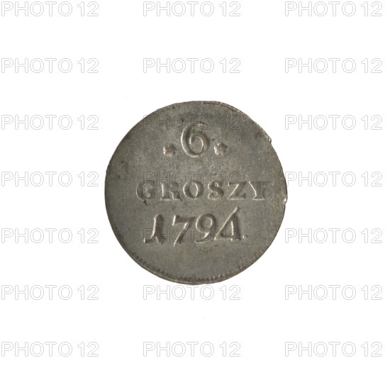 Crown sixer, Stanislaw August Poniatowski (King of Poland; 1732–1798). Coin (crown coin), 1794. Obverse: Under the crown a round, three-field coat of arms with the coats of arms of Poland (Eagle), Lithuania (Pogon) and the Poniatowski coat of arms (Ciolek); around the inscription divided by a crown: S. NISLAUS AUGU. US – pearl border. Reverse: Inscription in three lines: .6./GROSZY/1794. (rosette value numerals on the sides), pearl border. Polish–Lithuanian Commonwealth (1569–1795). Diameter ~19.0–19.3 mm; weight 1.55 g.