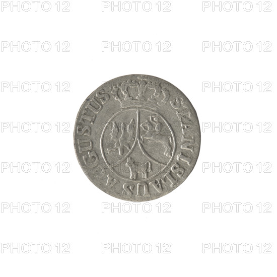 Crown six-coin, Stanislaw August Poniatowski (King of Poland; 1732–1798). Obverse: under a crown, a round three-field coat of arms with the coats of arms of Poland (Eagle), Lithuania (Pogon) and the Poniatowski coat of arms (Ciolek), around the inscription divided by a crown: STANISLAUS A GUSTUS. Reverse: inscription in three lines: .6./GROSZY/1794 with rosette value numerals on both sides, border. Date: 1794. Polish–Lithuanian Commonwealth (1569–1795). Coin; diameter 18.8–19.0 mm; weight 1.35 g.