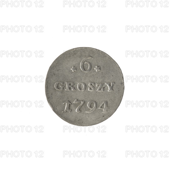 Crown six-coin, Stanislaw August Poniatowski (King of Poland; 1732–1798), Polish crown coin, inscriptions, coats of arms, multi-field coat of arms under a crown. Obverse: under the crown a round three-field coat of arms with the coats of arms of Poland (Eagle), Lithuania (Pogon) and the Poniatowski coat of arms (Ciolek), around the inscription divided by a crown: STANISLAUS AUGUSTUS. Reverse: inscription in three lines: .6./GROSZY/1794 (rosette value numerals on both sides), border. Date: 1794. Issued in the Polish–Lithuanian Commonwealth (1569–1795). Coin: diameter 18.8–19.0 mm, weight 1.35 g.