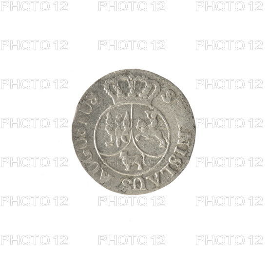 crown sixer, Stanislaw August Poniatowski (King of Poland; 1732–1798), Polish coin (crown coin), 1794. Obverse: under the crown a round three-field coat of arms with the coats of arms of Poland (Eagle), Lithuania (Pogon), and the Poniatowski coat of arms (Ciolek); around the inscription divided by a crown: STANISLAUS AUGUSTUS; pearl border. Reverse: inscription in three lines: .6./GROSZY/1794. with rosette value numerals on both sides; pearl border. Diameter 18.8–19.2 mm; weight 1.51 g. Polish–Lithuanian Commonwealth (1569–1795).