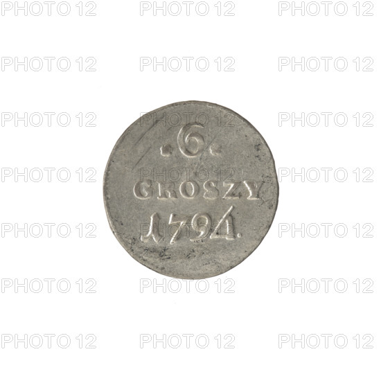 crown sixer, Stanislaw August Poniatowski (King of Poland; 1732–1798), 1794, Polish-Lithuanian Commonwealth (1569–1795), Warsaw, Poland; coin (crown sixer). Obverse: under a crown a round, three-field coat of arms with Poland (Eagle), Lithuania (Pogon) and the Poniatowski coat of arms (Ciolek); around the inscription divided by a crown: S[N]ISLAUS AUGUSTUS; pearl border. Reverse: inscription in three lines: .6./GROSZY/1794. with rosette value numerals on both sides; pearl border. Diameter 18.8–19.2 mm, weight 1.51 g.