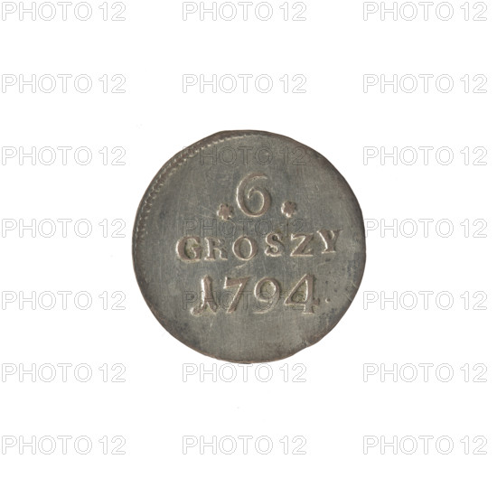 crown sixer, Stanislaw August Poniatowski (King of Poland; 1732–1798), 1794, Polish-Lithuanian Commonwealth (1569–1795), Warsaw, Poland; coin (crown sixer); Obverse: under the crown a round, three-field coat of arms with the coats of arms of Poland (Eagle), Lithuania (Pogon) and the Poniatowski coat of arms (Ciolek), around the inscription divided by a crown: STANISLAUS AUGUSTU, pearl border; Reverse: inscription in three lines: .6./GROSZY/1794. (rosette value numerals on the sides), pearl border; diameter 19.2–19.4 mm, weight 1.61 g