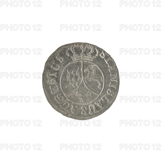 Crown six-coin, Stanislaw August Poniatowski (King of Poland; 1764–1795). Obverse: Under the crown a round, three-field coat of arms with the coats of arms of Poland (Eagle), Lithuania (Pogon) and the Poniatowski coat of arms (Ciolek), around the inscription divided by a crown: STANISLAUS AUGUSTUS — pearl border. Reverse: Inscription in three lines: .6./GROSZY/1794 (rosette value numerals on the sides), pearl border. 1794, Polish–Lithuanian Commonwealth (1569–1795). Coin: diameter 19.2–19.7 mm, weight 1.65 g.