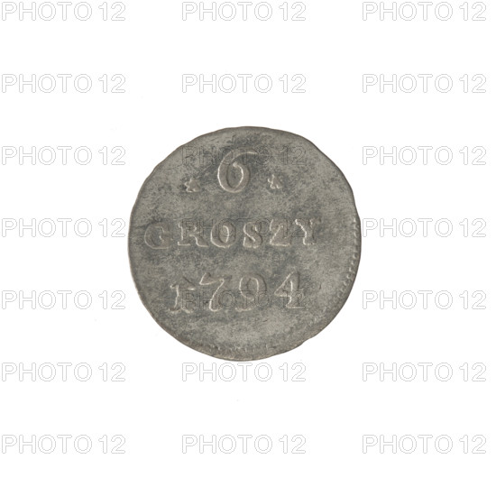 Crown six-coin of Stanislaw August Poniatowski (King of Poland; 1764–1795), 1794. Obverse: Under the crown a round, three-field coat of arms with the coats of arms of Poland (Eagle), Lithuania (Pogon) and the Poniatowski coat of arms (Ciolek); around the inscription divided by a crown: STANISLAUS AUGUSTUS — pearl border. Reverse: Inscription in three lines: .6./GROSZY/1794 with rosette value numerals on the sides; pearl border. Polish-Lithuanian Commonwealth (1569–1795). Coin diameter 19.2–19.7 mm, weight 1.65 g.
