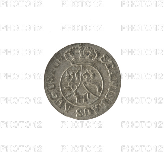 Crown six-coin, Stanislaw August Poniatowski (King of Poland; 1732–1798). Obverse: Under the crown a round, three-field coat of arms with the coats of arms of Poland (Eagle), Lithuania (Pogon) and the Poniatowski coat of arms (Ciolek); around the inscription divided by a crown: STANISLAUS AUGUUS. Reverse: Inscription in three lines: .6./GROSZY/1795 with value numerals on the sides of a rosette; pearl border. Date: 1795. Polish–Lithuanian Commonwealth (1569–1795). Coin: diameter 18.9–19.1 mm, weight 1.71 g.