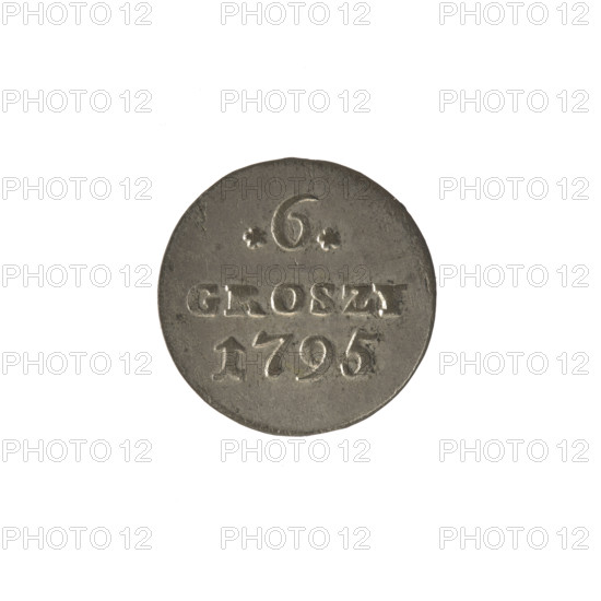 Crown six-coin, Stanislaw August Poniatowski (King of Poland; 1732–1798), 1795. Obverse: Under the crown a round, three-field coat of arms with the coats of arms of Poland (Eagle), Lithuania (Pogon) and the Poniatowski coat of arms (Ciolek); around the inscription divided by a crown: STANISLAUS AUGU S. Reverse: Inscription in three lines: .6./GROSZY/1795 with value numerals on the sides of a rosette; pearl border. Coin of the Polish–Lithuanian Commonwealth (1569–1795). Material: coin; diameter 18.9–19.1 mm; weight 1.71 g.