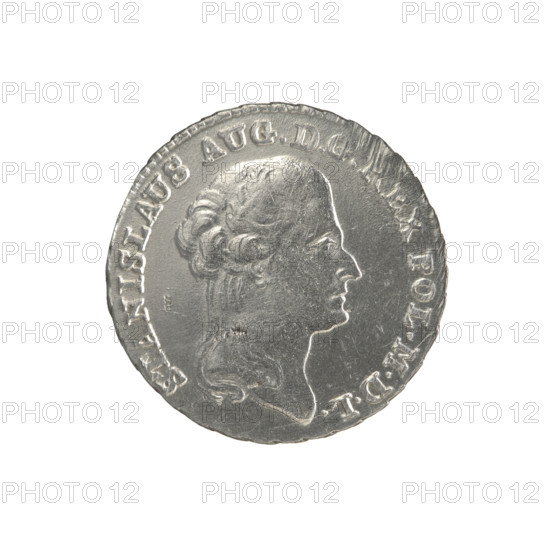 2 gold crown coins of Stanislaw August Poniatowski (King of Poland; 1764–1795). Obverse: Head of Stanislaw August, inscription around the rim 'ANISLAUS AUG. D.  EX POL. MDL.' with pearl border. Reverse: Under a crown a five-field coat of arms with Poland (Orzel), Lithuania (Pogon) and the Poniatowski family (Ciolek); date '17 - 94' at the sides; below the shield on a ribbon the Order of the White Eagle; on its sides the letters 'M. - V.' and '8. - GR.'; rim inscription '41, /4 EX MAR, A - PURA COLO,' with decorative rim. 1794, Polish–Lithuanian Commonwealth (1569–1795), Warsaw, Poland. Coin diameters: 28.7 mm and 29.0 mm; weight 9.21 g.
