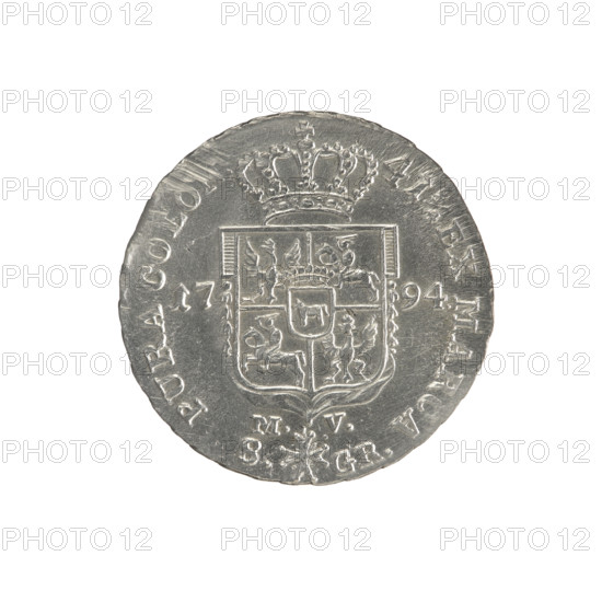 2 gold crown coins, Stanislaw August Poniatowski (King of Poland; 1732–1798). Obv.: Head of Stanislaw August, inscription around the rim: ANISLAUS AUG. D. EX POL. MDL, pearl border. Rev.: Under a crown five-field coat of arms with the coats of arms of Poland (Orzel), Lithuania (Pogon) and the coat of arms of the Poniatowski family (Ciolek); on the sides the date 17 - 94; below the shield on a ribbon the Order of the White Eagle; on its sides the letters M. - V. and 8. - GR.; in the rim the inscription: 41, /4 EX MAR, A - PURA COLO, decorative rim. 1794. Polish–Lithuanian Commonwealth (1569–1795), Warsaw, Poland. Coin diameters 28.7 mm and 29.0 mm; weight 9.21 g.