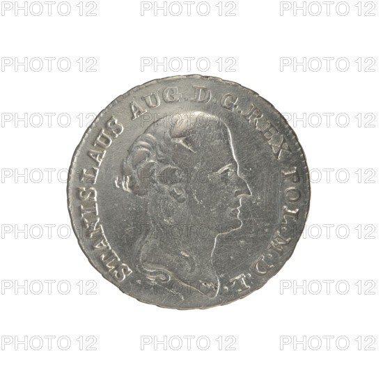 2 gold crown coins, Stanislaw August Poniatowski (King of Poland; 1732–1798; reign 1764–1795); obverse: head of Stanislaw August, inscription around rim 'STANISLAUS AUG. D. G. REX POL. M D L' with pearl border; reverse: under a crown a five-field coat of arms with Poland (Orzel), Lithuania (Pogon) and the Poniatowski coat of arms (Ciolek), date '17 - 94' at sides, below the shield on a ribbon the Order of the White Eagle, letters 'V.' and '8. - GR.', inscription around rim '42 1/4 EX MARCA - PURA COLON:', pearl border, decorative edge; 1794, Polish–Lithuanian Commonwealth; Warsaw, Poland; coin; diameters 28.5 mm and 29.6 mm; weight 9.31 g.