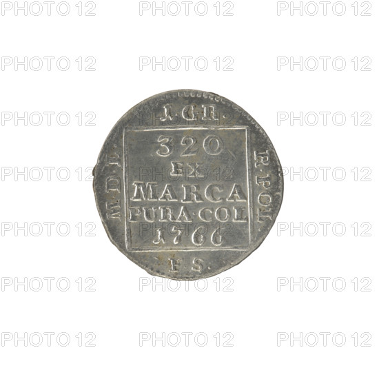 silver crown groschen, Sylm, Frederick William (fl. 1765-1767), Stanislaw August Poniatowski (King of Poland; 1764–1795; 1732–1798), Polish coins, monograms, tied monograms, royal monograms, inscriptions, crown coins; Obv.: In a square frame, under a crown, a tied monogram composed of the letters SAR, pearl border. Rev.: In a square frame, an inscription in five lines: 320/EX/MARCA/PURA.COL/1766; square sides: 1.GR./R.POL./MDL/FS, pearl border. 1766. Polish–Lithuanian Commonwealth (1569–1795), Warsaw, Poland. Coin: diameter 20.2–20.7 mm, weight 1.89 g.