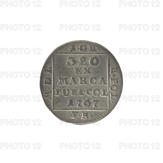 silver crown groschen, Sylm, Frederick William (fl. 1765-1767), Stanislaw August Poniatowski (King of Poland; 1764-1795; 1732-1798), Polish coins, monograms, tied monograms, royal monograms, inscriptions, crown coins. Obv.: In a square frame, under a crown, a tied monogram composed of the letters SAR, pearl border. Rev.: In a square frame, an inscription in five lines: 320/EX/MARCA/PURA.COL./1767; square sides: 1.GR./R.POL./MDL/FS, pearl border. 1767, Polish-Lithuanian Commonwealth (1569-1795), Warsaw, Poland. Coin: diameter 21.0–21.4 mm, weight 1.90 g.