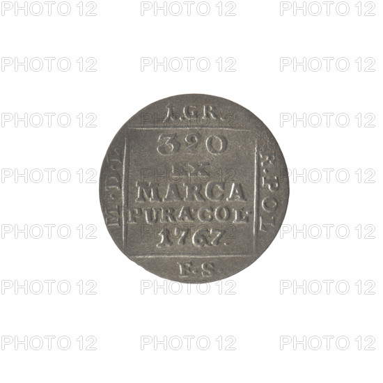 silver crown grosz, Stanislaw August Poniatowski (King of Poland; 1764–1795), Sylm, Frederick William (fl. 1765–1767), Stanislaw August Poniatowski (King of Poland; 1732–1798), Polish coins, tied monograms, monograms, royal monograms, inscriptions, Crown coins, Obv.: In a square frame, under a crown, a tied monogram composed of the letters SAR, pearl border. Rev.: In a square frame, an inscription in five lines: 320/, X/MARCA/PURA.COL./1767., on the sides of the square: 1.GR./R.POL./MDL/FS, 1767. Polish-Lithuanian Commonwealth (1569–1795), Warsaw, Poland, coin: dia. 20.2 mm; dia. 20.4 mm; weight 1.41 g.