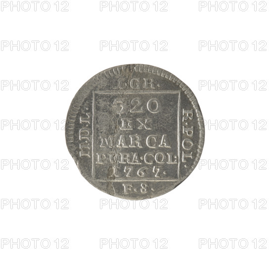 silver crown groschen, Sylm, Frederick William (fl. 1765-1767), Stanislaw August Poniatowski (King of Poland; 1764-1795 / 1732-1798), Polish coin; monograms, tied monogram, royal monogram, inscriptions, crown coin. Obv.: In a square frame, under a crown, a tied monogram composed of the letters SAR, pearl border. Rev.: In a square frame, an inscription in five lines: 20/EX/ ARCA/PURA.COL./1767. On the sides of the square: 1.GR./R.POL./MDL/FS, 1767. Polish–Lithuanian Commonwealth (1569–1795), Warsaw, Poland. Coin: dia. 20.6–21.1 mm, weight 2.00 g.