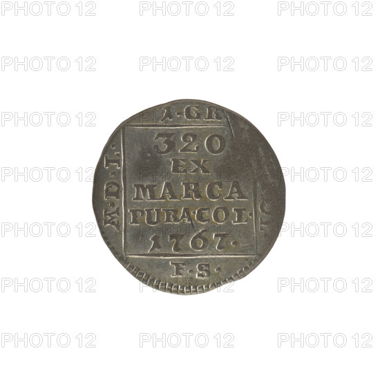 silver crown groschen, Sylm, Frederick William (fl. 1765-1767), Stanislaw August Poniatowski (King of Poland; 1764-1795), Stanislaw August Poniatowski (King of Poland; 1732-1798), Polish coins, monograms, tied monograms, royal monograms, inscriptions, crown coins, Obv.: In a square frame, under a crown, a tied monogram composed of the letters SAR, pearl border. Rev.: In a square frame, an inscription in five lines: 320/EX/MARCA/PURA.COL./1767., square sides: 1.GR./, ./MDL/FS, pearl border. 1767, Polish-Lithuanian Commonwealth (1569-1795), Warsaw, Poland, coin, diameter 20.5 mm, diameter 21.1 mm, weight 1.85 g