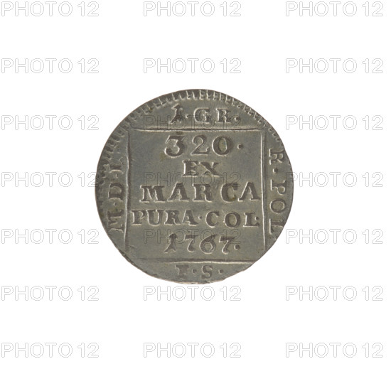 silver crown groschen, Sylm, Frederick William (fl. 1765-1767), Stanislaw August Poniatowski (King of Poland; 1764-1795), Stanislaw August Poniatowski (King of Poland; 1732-1798), Polish coins, monograms, tied monograms, royal monograms, inscriptions, crown coins, Obv.: In a square frame, under a crown, a tied monogram composed of the letters SAR, pearl border. Rev.: In a square frame, an inscription in five lines: 320./EX/MARCA/PURA.COL./1767., square sides: 1.GR./R.POL./MDL/FS, pearl border, 1767, Polish-Lithuanian Commonwealth (1569-1795), Warsaw, Poland, coin, dia. 20.5 mm, dia. 20.8 mm, weight 1.91 g