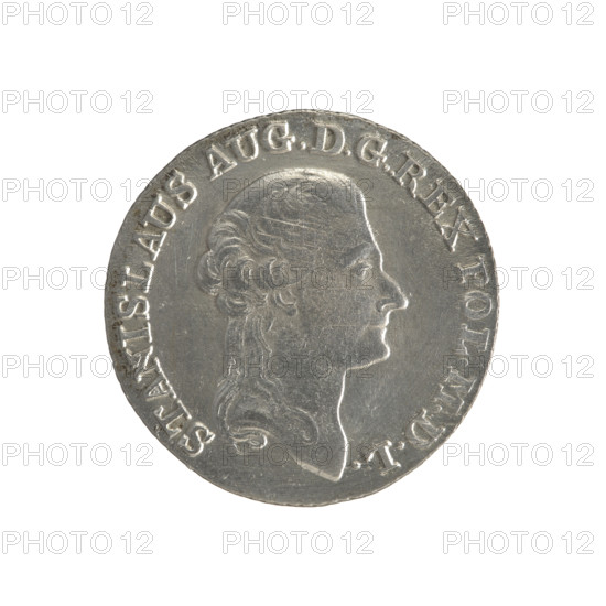 Gold crown, Stanislaw August Poniatowski (King of Poland; 1764–1795). Obverse: Head of Stanislaw August, inscription around the rim: 'STANISLAUS AUG.DGREX POL.MDL'. Reverse: Under the crown, a five-field coat of arms with the coats of arms of Poland (Eagle), Lithuania (Pogon) and the Poniatowski family (Ciolek); on the sides the date 17-94; at the bottom letters 'MV' and '4.GR.'; around it an inscription divided by a crown: '83½ EX MARCA-PURA COLON:' Edge obliquely fluted. 1794. Polish–Lithuanian Commonwealth (1569–1795). Warsaw, Poland. Coin; diameter 26.4–26.6 mm; weight 5.41 g.