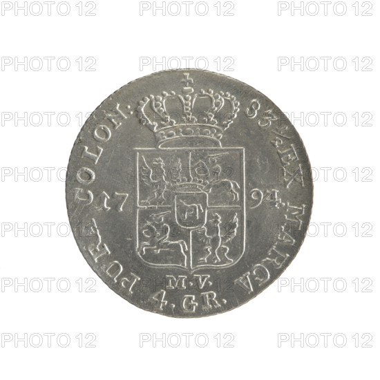 gold crown, Stanislaw August Poniatowski (King of Poland; 1764–1795), Polish coin, Crown coin, iconography: portraits of rulers, coats of arms, multi-field coats of arms, coats of arms under a crown, Obv.: Head of Stanislaw August, inscription around the rim: STANISLAUS AUG.DGREX POL.MDL. Rev.: Under the crown, a five-field coat of arms with the coats of arms of Poland (Eagle), Lithuania (Pogon) and the coat of arms of the Poniatowski family (Ciolek); on the sides the date 17-94; at the bottom letters MV and 4.GR.; around it an inscription divided by a crown: 83½ EX MARCA-PURA COLON:. Edge obliquely fluted. 1794. Polish–Lithuanian Commonwealth (1569–1795), Warsaw, Poland. Coin: diameter 26.4–26.6 mm, weight 5.41 g.