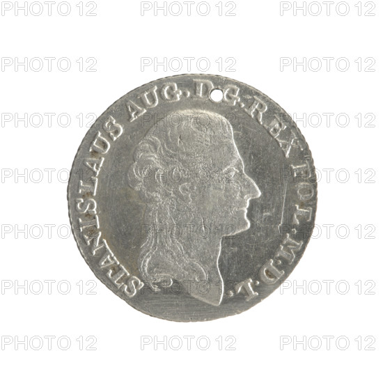Gold crown, Stanislaw August Poniatowski (King of Poland; 1732–1798), 1794. Obverse: Head of Stanislaw August, inscription around the rim: 'STANISLAUS AUG.D .G.REX POL.MDL'. Reverse: Under a crown, a five-field coat of arms with the coats of arms of Poland (Eagle), Lithuania (Pogon), and the Poniatowski family (Ciolek); date on the sides '17-94'; at the bottom the letters 'MV' and '4.GR.'; around the inscription divided by a crown: '83½ EX MARCA-PURA COLON'. Edge obliquely fluted. Polish–Lithuanian Commonwealth (1569–1795), Warsaw, Poland. Coin; diameter 26.2–26.6 mm, weight 5.30 g.