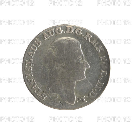 Gold crown, Stanislaw August Poniatowski (King of Poland; 1764–1795), Polish coin. Obverse: head of Stanislaw August, inscription around the rim: 'STANISLAUS AUG. D G REX POL. MDL'. Reverse: under a crown, a five-field coat of arms with the coats of arms of Poland (Eagle), Lithuania (Pogon) and the Poniatowski family (Ciolek); on the sides the date 17-95; at the bottom letters 'MV' and '4.GR'; around it an inscription divided by a crown: '84½ EX MARCA-PURA COLON'; pearl border; diagonally fluted edge. 1795, Polish–Lithuanian Commonwealth (1569–1795), Warsaw, Poland. Coin diameter 26.1 mm and 26.9 mm, weight 5.29 g.