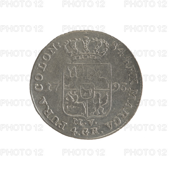 gold crown, Stanislaw August Poniatowski (King of Poland; 1764–1795), Polish coins, Crown coins, Stanislaw August Poniatowski (King of Poland; 1732–1798) - iconography, portraits of rulers, coats of arms, multi-field coats of arms, coats of arms under a crown, Obv.: Head of Stanislaw August, inscription around the rim: STANISLAUS AUG.DGREX POL.MDL. Rev.: Under the crown, a five-field coat of arms with the coats of arms of Poland (Eagle), Lithuania (Pogon) and the coat of arms of the Poniatowski family (Ciolek); on the sides the date 17-95; at the bottom letters MV and 4.GR; around it an inscription divided by a crown: 84½ EX MARCA-PURA COLON; pearl border; diagonally fluted edge. 1795, Polish–Lithuanian Commonwealth (1569–1795), Warsaw, Poland. Coin. Diameter 26.1 mm; diameter 26.9 mm; weight 5.29 g.