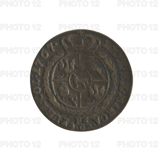 gold crown - forgery; Sylm, Frederick William (fl. 1765–1767) (for the original); Stanislaw August Poniatowski (King of Poland; 1764–1795) (for the original); Polish coins; Crown coins; Stanislaw August Poniatowski (King of Poland; 1732–1798) — iconography, portraits of rulers, coats of arms, multi-field coats of arms, coats of arms under a crown, coats of arms; Obv.: Head of Stanislaw August, inscription around the rim: STANISLAUS AUG.DGREX POL.MDL. Rev.: Under the crown, in a wreath, a round five-field coat of arms with the coats of arms of Poland (Eagle), Lithuania (Pogon) and the coat of arms of the Poniatowski family (Ciolek); below the letters FS and 4.GR; around the inscription divided by a crown: LXXX.EX.MARCA-PURA.COL:1767. Date (for the original): 1767–1795; Polish–Lithuanian Commonwealth (1569–1795) (for the original); Warsaw, Poland (for the original); coin; diameter 25.7–25.8 mm; weight 5.07 g.