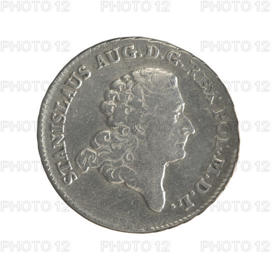 2 gold crown coins, maker: Brenn, Ephraim (fl. 1774–1792); subject: Stanislaw August Poniatowski (King of Poland, portrayed obverse); type: Polish crown coins; iconography: portraits of rulers, coats of arms, multi-field coats of arms, coats of arms under a crown, orders, Order of the White Eagle. Obverse: Head of Stanislaw August, inscription around rim: STANISLAUS AUG.DGREX POL.MDL; pearl border. Reverse: Under a crown, in a wreath, a round five-field coat of arms with the coats of arms of Poland (Eagle), Lithuania (Pogon), and the Poniatowski coat of arms (Ciolek), around a wreath with the Order of the White Eagle; on the sides the letters E. - B. and 8. - GR.; inscription around rim: XL.EX.MARCA. - PURA.COL.1775.; pearl border; decorative edge. Date: 1775. Place: Polish–Lithuanian Commonwealth, Warsaw, Poland. Medium: gold coin. Dimensions: diameters 28.7 mm and 30.0 mm; weight 9.25 g.