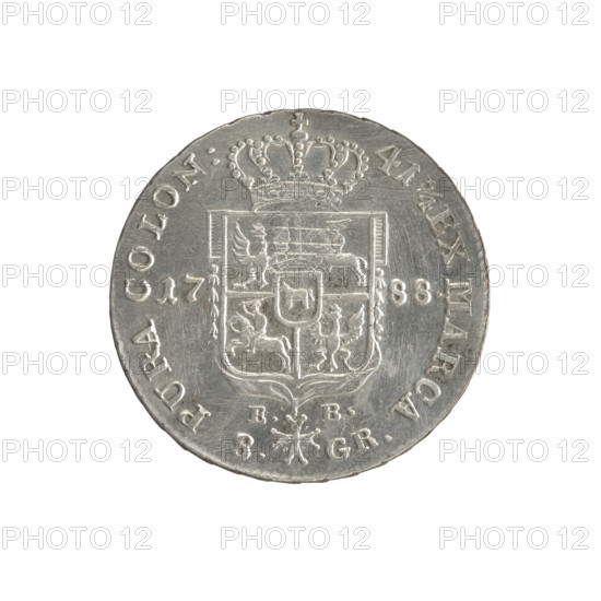 2 gold crown coins, Brenn, Efraim (fl. 1774–1792), Stanislaw August Poniatowski (King of Poland; 1732–1798), Polish coins, Crown coins; iconography: portraits of rulers, coats of arms, multi-field coats of arms, coats of arms under a crown, orders, Order of the White Eagle. Obverse: Head of Stanislaw August, inscription around rim: STANISLAUS AUG.DGREX POL.MDL; pearl border. Reverse: Under the crown, a five-field coat of arms with Poland (Eagle), Lithuania (Pogon) and the Poniatowski (Ciolek) arms; date 17 - 88 at sides; below the shield on a ribbon the Order of the White Eagle; letters E. - B. and 8. - GR.; inscription around rim: 41 3/4 EX MARCA - PURA COLON:; pearl border; decorative edge. 1788, Polish–Lithuanian Commonwealth (1569–1795), Warsaw, Poland. Coin diameters: 29.0 mm and 29.8 mm; weight 9.35 g.