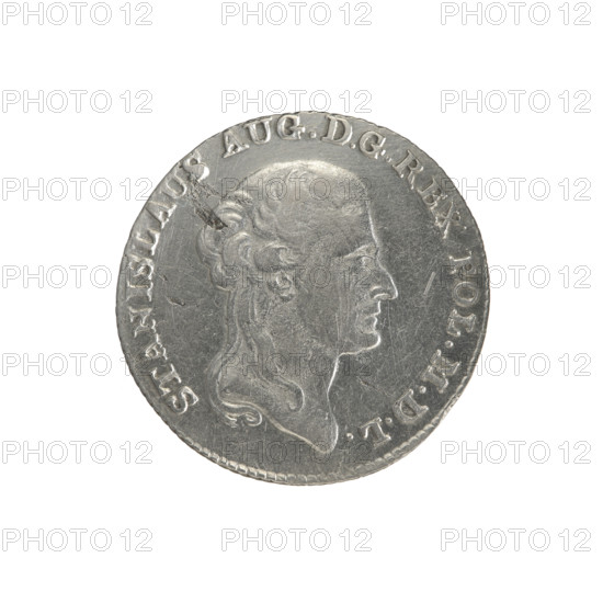 2 gold crown coins, Stanislaw August Poniatowski (King of Poland; 1764–1795), Polish coins, Crown coins, iconography, portraits of rulers, coats of arms, multi-field coats of arms, coats of arms under a crown, coats of arms, orders, Order of the White Eagle. Obv.: Head of Stanislaw August, inscription around the rim: STANISLAU, AUG.DGREX POL.MDL. Rev.: Under the crown, a five-field coat of arms with the coats of arms of Poland (Eagle), Lithuania (Pogon) and the coat of arms of the Poniatowski family (Ciolek); on the sides the date 17 - 94; below the shield on a ribbon the Order of the White Eagle; on its sides the letters M. - V. and 8. - GR.; inscription around the rim: 41 3/4 EX MARCA - PURA COLON:; pearl border; diagonally fluted edge. 1794, Polish–Lithuanian Commonwealth (1569–1795), Warsaw, Poland. Coin diameters 28.3 mm and 29.0 mm; weight 9.30 g.
