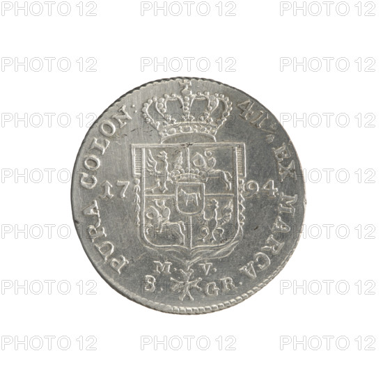 2 gold crown coins of Stanislaw August Poniatowski (King of Poland; 1764–1795), 1794. Obverse: Head of Stanislaw August, inscription around rim: STANISLAU. AUG. D. G. REX POL. MDL. Reverse: Under a crown, a five-field coat of arms with Poland (eagle), Lithuania (Pogon) and the Poniatowski family (Ciolek); date 17 - 94 at sides; below the shield on a ribbon the Order of the White Eagle; on its sides the letters M. - V. and 8. - GR.; inscription around rim: 41 3/4 EX MARCA - PURA COLON:; pearl border; diagonally fluted edge. Polish-Lithuanian Commonwealth (1569–1795), Warsaw, Poland. Coin diameters: 28.3 mm and 29.0 mm; weight 9.30 g.