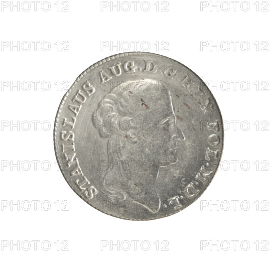 2 gold crown coins, Stanislaw August Poniatowski (King of Poland; 1764–1795), Polish crown coins; iconography: portraits of rulers, coats of arms, multi-field coats of arms, coats of arms under a crown, orders, Order of the White Eagle. Obv.: Head of Stanislaw August, inscription around the rim: STANISLAUS AUG. D G REX POL. MDL; pearl border. Rev.: Under the crown, a five-field coat of arms with the coats of arms of Poland (Eagle), Lithuania (Pogon) and the Poniatowski family coat of arms (Ciolek); on the sides the date 17 - 94; below the shield on a ribbon the Order of the White Eagle, with letters M. - V. and 8. - GR.; inscription around the rim: 42 1/4 EX MARCA PURA COLON; pearl border; diagonally fluted edge. 1794, Polish–Lithuanian Commonwealth; Warsaw, Poland. Coin diameters: 28.6 mm and 29.0 mm; weight 9.28 g.