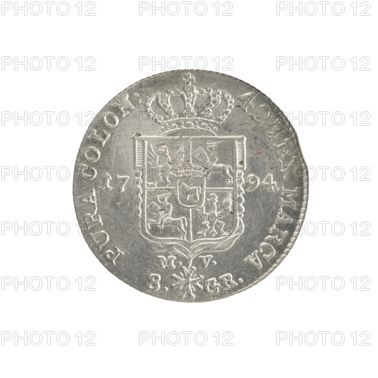 2 gold crown coins, Stanislaw August Poniatowski (King of Poland; 1732–1798), obv.: Head of Stanislaw August, inscription around the rim: STANISLAUS AUG. D G REX POL. MDL — pearl border. Rev.: Under the crown, a five-field coat of arms with the coats of arms of Poland (Eagle), Lithuania (Pogon) and the Poniatowski family coat of arms (Ciolek); on the sides the date 17 - 94; below the shield on a ribbon the Order of the White Eagle; on its sides the letters M. - V. and 8. - GR.; inscription around the rim: 42 1/4 EX MARCA - PURA COLON: — pearl border; diagonally fluted edge. 1794, Polish–Lithuanian Commonwealth (1569–1795), Warsaw, Poland. Coin. Diameters: 28.6 mm and 29.0 mm; weight: 9.28 g.