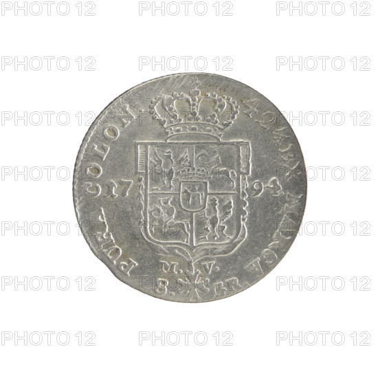 2 gold crown coins of Stanislaw August Poniatowski (King of Poland; 1764–1795). Obverse: Head of Stanislaw August, inscription around the rim: STANISLAUS AUG., REX POL. MDL. Reverse: Under a crown, a five-field coat of arms with the coats of arms of Poland (Eagle), Lithuania (Pogon) and the Poniatowski family (Ciolek); date on the sides 17 - 94; below the shield on a ribbon the Order of the White Eagle; on its sides the letters M. - V. and 8. - GR.; inscription around the rim: 42 1/4 EX, ARCA - PURA COLON:; pearl border; diagonally fluted edge. 1794, Polish–Lithuanian Commonwealth. Warsaw, Poland. Coin; diameters 28.3 mm and 28.8 mm; weight 9.28 g.