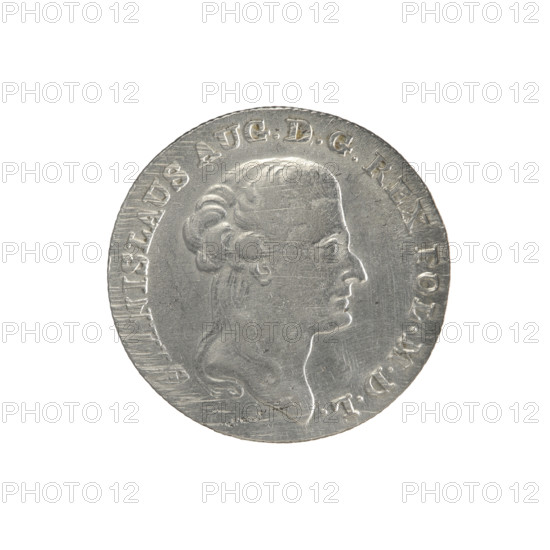 2 gold crown coins, Stanislaw August Poniatowski (King of Poland; 1764–1795), Polish crown coins; iconography: portraits of ruler, coats of arms, multi-field coat of arms under a crown, Order of the White Eagle. Obv.: Head of Stanislaw August, inscription around rim: ISLAUS AUG. D. G. REX POL. MDL. Rev.: Under the crown a five-field coat of arms with the coats of arms of Poland (Orzel), Lithuania (Pogon) and the Poniatowski family (Ciolek); on the sides the date 17 - 94; below the shield on the ribbon the Order of the White Eagle; on its sides the letters M. - V. and 8. - G.; in the rim an inscription: 42 1/4 EX MA, PURA COLON:; pearl border; diagonally fluted edge. Date: 1794. Place: Warsaw, Polish–Lithuanian Commonwealth. Medium: gold coin. Diameters: 28.5 mm and 29.0 mm. Weight: 9.37 g.