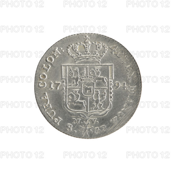2 gold crown coins of Stanislaw August Poniatowski (King of Poland; 1764–1795). Obverse: Head of Stanislaw August, inscription around the rim: ISLAUS AUG.DGREX POL.MDL. Reverse: Under a crown a five-field coat of arms with the coats of arms of Poland (Orzel), Lithuania (Pogon) and the Poniatowski family (Ciolek); on the sides the date 17 - 94; below the shield on the ribbon the Order of the White Eagle; on its sides the letters M. - V. and 8.- G.; in the rim an inscription: 42 1/4 EX MA, - PURA COLON:; pearl border; diagonally fluted edge. Dated 1794. Polish–Lithuanian Commonwealth (1569–1795), Warsaw, Poland. Coin diameters: 28.5 mm and 29.0 mm; weight 9.37 g.