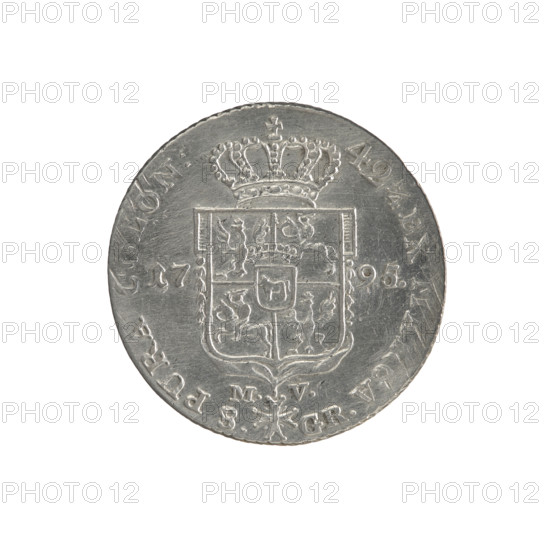 2 gold crown coins, Stanislaw August Poniatowski (King of Poland; 1732–1798), Polish Crown coins; iconography: portraits of ruler, coats of arms including multi-field coats under a crown, Order of the White Eagle. Obv.: Head of Stanislaw August, inscription around: S. S AUG. DGR. POL. M. L. Rev.: Under the crown a five-field coat of arms with the coats of arms of Poland (Orzel), Lithuania (Pogon) and the Poniatowski coat of arms (Ciolek); on the sides the date 17 - 95; below the shield on a ribbon the Order of the White Eagle; on its sides the letters M. - V. and 8.- GR.; in the rim an inscription: 42 1/4 EX. A - PURA. Edge: diagonally fluted. Date: 1795. Polish–Lithuanian Commonwealth (1569–1795), Warsaw, Poland. Coin diameters: 28.5 mm and 29.0 mm; weight 9.26 g.