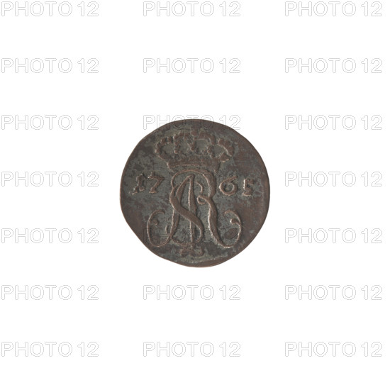 Gdansk szelag, Stanislaw August Poniatowski (King of Poland; 1764–1795), Oeckermann, Rudolf Ernest (active 1760–1765), monograms, royal monograms, tied monograms, Stanislaw August Poniatowski (King of Poland; 1732–1798), inscriptions, coats of arms, city coats of arms, Gdansk (coat of arms), city coins. Obv.: Under the crown a tied monogram composed of the letters SAR, on the sides: 17 - 65, pearl border. Rev.: Under rosette with an inscription in three lines: SOLID/CIVITAT/GEDAN, below the coat of arms of Gdansk, on the sides the signature: RE - O, pearl border. 1765, Polish–Lithuanian Commonwealth (1569–1795), Gdansk, Poland, coin; diameter 15.3–15.6 mm, weight 0.61 g.