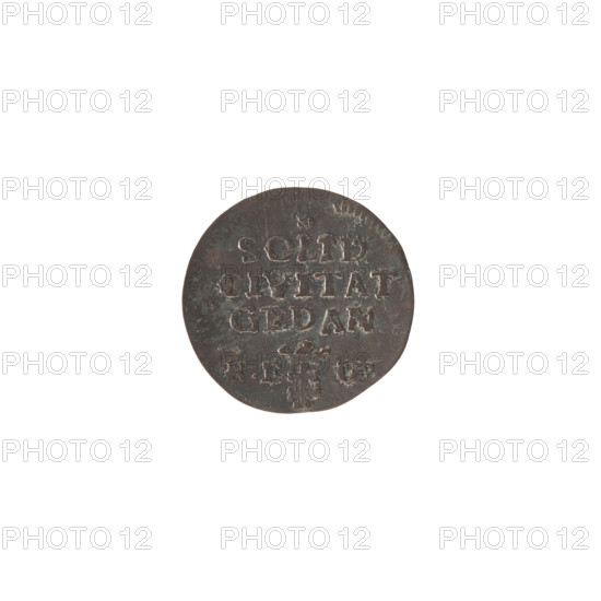 Gdansk szelag, Stanislaw August Poniatowski (King of Poland; 1764–1795), Oeckermann, Rudolf Ernest (1760–1765), monograms, royal monograms, tied monograms, Stanislaw August Poniatowski (King of Poland; 1732–1798), monograms, inscriptions, coats of arms, city coats of arms, Gdansk (coat of arms), city coin. Obverse: under the crown a tied monogram composed of the letters SAR; on the sides: 17 - 65; pearl border. Reverse: under a rosette with an inscription in three lines: SOLID/CIVITAT/GEDAN; below, the coat of arms of Gdansk; on the sides the signature: RE - O; pearl border. Date: 1765. Polish–Lithuanian Commonwealth (1569–1795), Gdansk, Poland. Medium: coin. Diameter: 15.3–15.6 mm. Weight: 0.61 g.