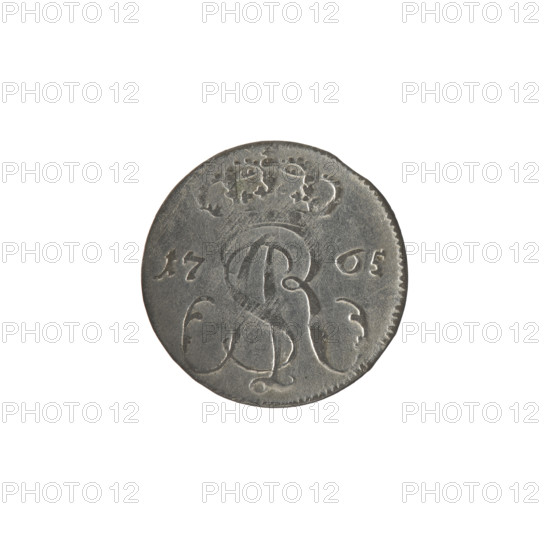 Gdansk trojak, Stanislaw August Poniatowski (King of Poland; 1764–1795), Oeckermann, Rudolf Ernest (1760–1765), monograms, royal monograms, tied monograms, Stanislaw August Poniatowski (King of Poland; 1732–1798), coats of arms, city coats of arms, Gdansk (coat of arms), city coins. Obv.: Under the crown, a tied monogram composed of the letters SAR, on the sides: 17 - 65, pearl border. Rev.: Gdansk shield heraldic symbol supported by two lions, signature below: RE OE, around it an inscription beginning with a star .GROSSVS TRIPLEX GEDANENSIS, pearl border. 1765, Polish–Lithuanian Commonwealth (1569–1795), Gdansk, Poland. Coin; diameter 19.5–19.7 mm, weight 1.34 g.