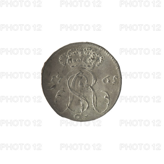 Gdansk trojak, Stanislaw August Poniatowski (King of Poland; 1764–1795), Oeckermann, Rudolf Ernest (1760–1765), monograms, royal monograms, tied monograms, Stanislaw August Poniatowski (King of Poland; 1732–1798), coats of arms, city coats of arms, Gdansk (coat of arms), city coins. Obv.: Under the crown, a tied monogram composed of the letters SAR, on the sides: 17 - 65, pearl border. Rev.: Gdansk shield heraldic symbol supported by two lions, below signature: RE OE, around an inscription beginning with a star .GROSSVS TRIPL, X GEDANENSIS, pearl border, 1765. Polish–Lithuanian Commonwealth (1569–1795), Gdansk, Poland. Coin; diameter 19.6–20.1 mm, weight 1.47 g.