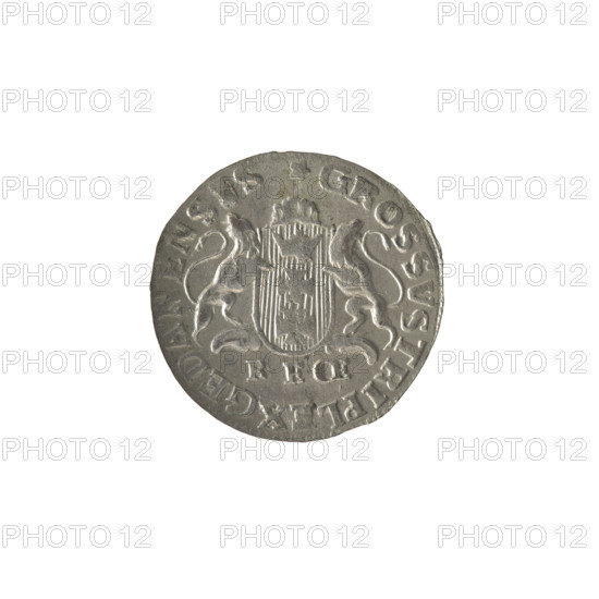 Gdansk trojak, Stanislaw August Poniatowski (King of Poland; 1764–1795), Oeckermann, Rudolf Ernest (1760–1765), monograms, royal monograms, tied monograms, Stanislaw August Poniatowski (King of Poland; 1732–1798), coats of arms, city coats of arms, Gdansk (coat of arms), city coins. Obv.: Under the crown, a tied monogram composed of the letters SAR, on the sides: 17 - 65, pearl border. Rev.: Gdansk shield heraldic symbol supported by two lions, below signature: RE OE, around an inscription beginning with a star .GROSSVS TRIPL, X GEDANENSIS, pearl border, 1765. Polish–Lithuanian Commonwealth (1569–1795), Gdansk, Poland. Coin. Diameter 19.6–20.1 mm, weight 1.47 g.