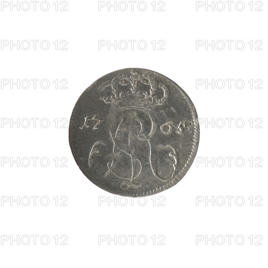 Gdansk trojak, Stanislaw August Poniatowski (King of Poland; reign 1764–1795), Oeckermann, Rudolf Ernest (1760–1765), monograms, royal tied monogram SAR, coats of arms, city coat of arms of Gdansk, city coin. Obv.: Under the crown, a tied monogram composed of the letters SAR, on the sides: 17 - 65, pearl border. Rev.: Gdansk shield heraldic supported by two lions, below signature: .RE OE., around inscription beginning with a star .GROSSVS:TRIPLEX:GEDANENSIS, pearl border, 1765. Polish–Lithuanian Commonwealth (1569–1795), Gdansk, Poland. Coin; diameter 19.6–19.8 mm, weight 1.24 g.