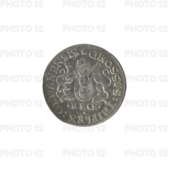 Gdansk trojak, Stanislaw August Poniatowski (King of Poland; 1764–1795), Oeckermann, Rudolf Ernest (1760–1765), monograms, royal monograms, tied monograms, Stanislaw August Poniatowski (King of Poland; 1732–1798), coats of arms, city coats of arms, Gdansk (coat of arms), city coins. Obverse: under the crown, a tied monogram composed of the letters SAR, on the sides: 17 - 65, pearl border. Reverse: Gdansk shield heraldic supported by two lions, below signature: .RE OE., around an inscription beginning with a star .GROSSVS:TRIPLEX:GEDANENSIS, pearl border, 1765. Polish–Lithuanian Commonwealth (1569–1795), Gdansk, Poland. Coin; diameter 19.6–19.8 mm, weight 1.24 g.