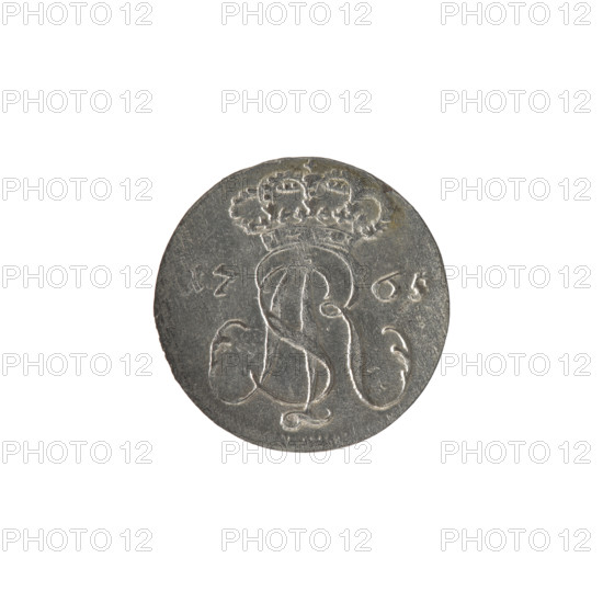 Gdansk trojak, Stanislaw August Poniatowski (King of Poland; 1764–1795), Oeckermann, Rudolf Ernest (1760–1765), monograms, royal monograms, tied monograms, Stanislaw August Poniatowski (King of Poland; 1732–1798), coats of arms, city coats of arms, Gdansk (coat of arms), city coins. Obv.: Under the crown, a tied monogram composed of the letters SAR, on the sides: 17 - 65, pearl border. Rev.: Gdansk shield heraldic symbol supported by two lions, below signature: REOE., around an inscription beginning with a star .GRO, RIPLEX GEDANEN, pearl border, 1765. Polish–Lithuanian Commonwealth (1569–1795), Gdansk, Poland. Coin: diameter 19.8–20.0 mm, weight 1.41 g.