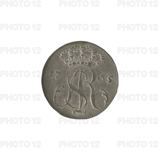 Gdansk trojak, Stanislaw August Poniatowski (King of Poland; 1764–1795), Oeckermann, Rudolf Ernest (1760–1765), monograms (royal tied monogram of Stanislaw August Poniatowski), coats of arms, city coats of arms (Gdansk), city coin. Obv.: Under the crown, a tied monogram composed of the letters SAR, on the sides: 17 - 65, pearl border. Rev.: Gdansk shield heraldic symbol supported by two lions, below signature: REOE., around an inscription beginning with a star .GROSSVS.TRIPLEX.GEDANENSIS., pearl border, 1765. Polish–Lithuanian Commonwealth (1569–1795), Gdansk, Poland. Coin; diameter 19.5–19.8 mm, weight 1.32 g.