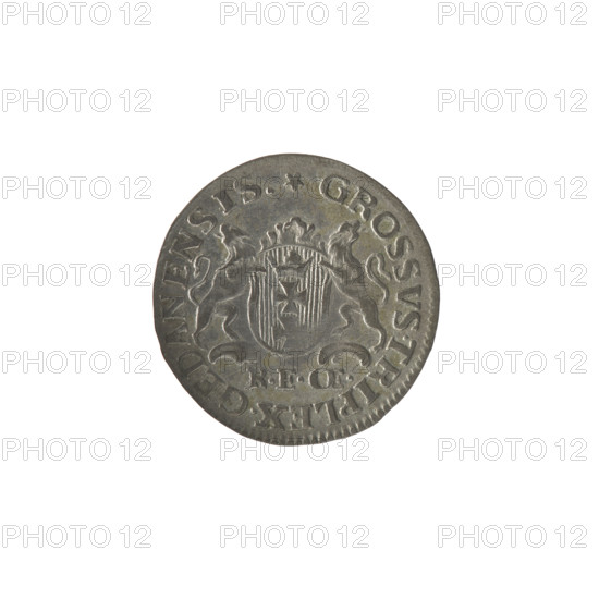 Gdansk trojak, Stanislaw August Poniatowski (King of Poland; 1764–1795), Oeckermann, Rudolf Ernest (1760–1765), monograms, royal monograms, tied monograms, Stanislaw August Poniatowski (King of Poland; 1732–1798), coats of arms, city coats of arms, Gdansk (coat of arms), city coins. Obv.: Under the crown, a tied monogram composed of the letters SAR, on the sides: 17 - 65, pearl border. Rev.: Gdansk shield heraldic symbol supported by two lions, below signature: REOE., around an inscription beginning with a star .GROSSVS.TRIPLEX.GEDANENSIS., pearl border, 1765. Polish–Lithuanian Commonwealth (1569–1795), Gdansk, Poland. Coin; diameter 19.5 mm, diameter 19.8 mm, weight 1.32 g.