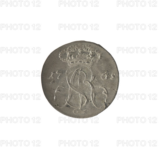 Gdansk trojak, Stanislaw August Poniatowski (King of Poland; 1764–1795), Oeckermann, Rudolf Ernest (1760–1765). Obverse: under the crown, a tied royal monogram composed of the letters SAR, flanked by 17 - 65, pearl border. Reverse: Gdansk coat of arms supported by two lions, below signature RE OE, around inscription beginning with a star .GROSSVS TRIPL, XG, DAN, NSIS, pearl border, 1765. Polish–Lithuanian Commonwealth (1569–1795), Gdansk, Poland. Coin; diameter ~19.6–19.8 mm, weight 1.50 g.