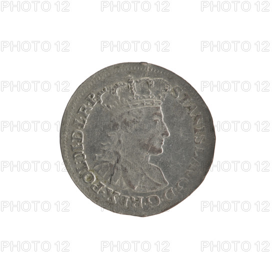 Gdansk six-coin for Stanislaw August Poniatowski (King of Poland; reign 1764–1795). Maker: Rudolf Ernest Oeckermann (active 1760–1765). Obverse: Right-facing crowned bust in armour and mantle wearing the Order of the White Eagle; legend divided at top: 'STANIS, DGREX.POL:MDLRP', pearl border. Reverse: Oval shield with the coat of arms of Gdansk supported by two lions beneath a wreath; numeral 'VI'; signature 'REOE.'; legend divided around: 'MON:ARGENT:CIVIT:GE...:1764', pearl border. Date: 1764. Place: Gdansk, Polish–Lithuanian Commonwealth (1569–1795). Medium: coin. Dimensions: diam. 22.7–23.0 mm; weight 2.64 g.