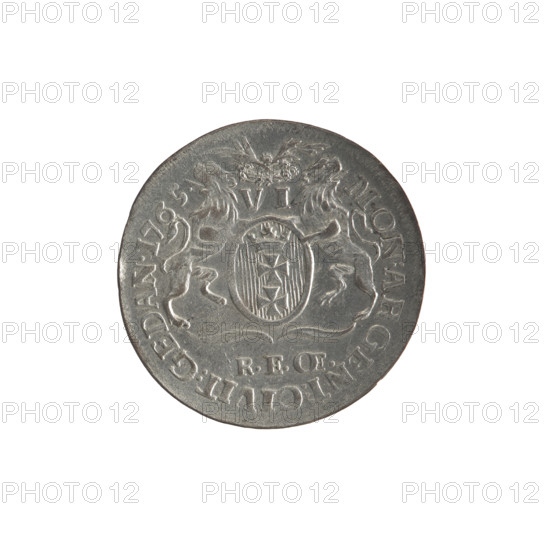 Gdansk six-coin, Stanislaw August Poniatowski (King of Poland; 1764–1795), Oeckermann, Rudolf Ernest (1760–1765). Obverse: Right-facing crowned bust in armour and mantle with the Order of the White Eagle, around, divided at top inscription: STANISL:AVG:DGREX.POL:MDLRP, pearl border. Reverse: Oval shield with the coat of arms of Gdansk supported by two lions, above under a wreath, number of values: VI, at the bottom signature: REOE., around, divided inscription: MON:ARGENT:CIVIT:GEDAN:1765, pearl border. 1765. Polish–Lithuanian Commonwealth (1569–1795), Gdansk, Poland. Coin. Diameter 22.6–23.0 mm, weight 2.64 g.