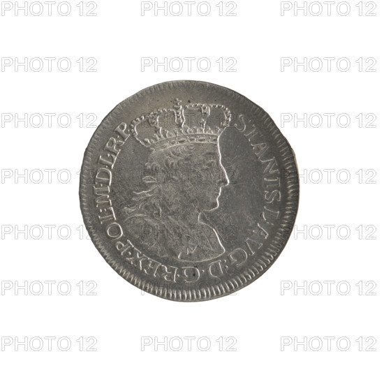 Gdansk six-coin, Stanislaw August Poniatowski (King of Poland; 1764–1795), Oeckermann, Rudolf Ernest (1760–1765), Stanislaw August Poniatowski (King of Poland; 1732–1798), coats of arms, city coats of arms, Gdansk (coat of arms), city coins, Stanislaw August Poniatowski (King of Poland; 1732–1798) - iconography, royal bust, Order of the White Eagle, orders. Obverse: Right-facing crowned bust in armour and mantle with the Order of the White Eagle, around, divided at the top, inscription: STANISL:AVG:DGREX.POL:MDLRP; pearl border. Reverse: Oval shield with the coat of arms of Gdansk supported by two lions, above under a wreath, number of values: VI, at the bottom signature: REOE., around, divided inscription: MON:ARGENT:CIVIT:GEDAN:1765; pearl border. 1765. Polish–Lithuanian Commonwealth (1569–1795), Gdansk, Poland. Coin; diameter 23.0–23.5 mm; weight 2.82 g.